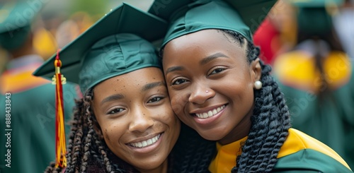 Two Smiling Graduates Embrace During Graduation Ceremony