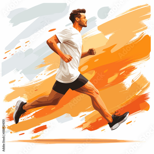 A man is running in a painting with orange and white colors. The painting has a lively and energetic mood, as the man is running with determination and focus
