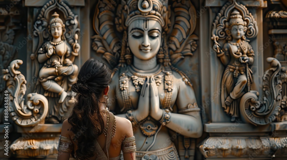 Obraz premium Woman with Lord Krishna statue portrait.