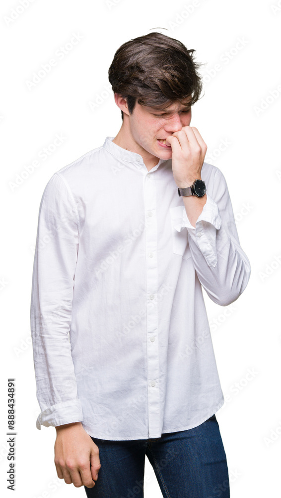 Young handsome business man over isolated background looking stressed and nervous with hands on mouth biting nails. Anxiety problem. Young handsome business man over isolated background looking stressed and nervous with hands on mouth biting nails. Anxiety problem.