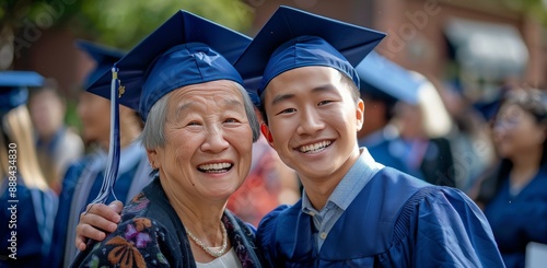 Two Happy Graduates Hugging at a Sunny Graduation Ceremony