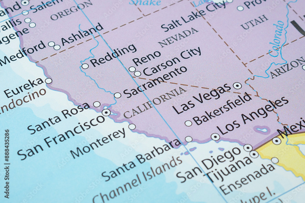 Macro photography of California state of United States of america political map with most important cities and frontiers Macro photography of California state of United States of america political map with most important cities and frontiers
