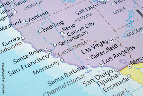 Macro photography of California state of United States of america political map with most important cities and frontiers