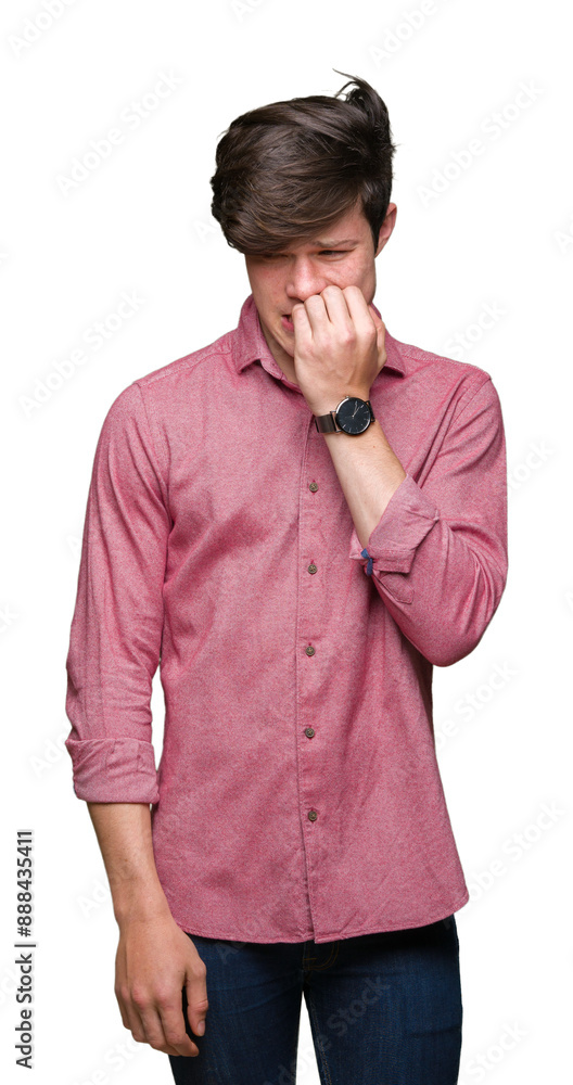 Young handsome business man over isolated background looking stressed and nervous with hands on mouth biting nails. Anxiety problem. Young handsome business man over isolated background looking stressed and nervous with hands on mouth biting nails. Anxiety problem.