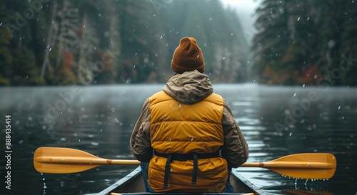 Solo Kayaking Through Autumn Forest on a Misty Day