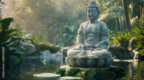 Serene Buddha Statue Meditating on a Lily Pad Pond in a Lush Tropical Garden