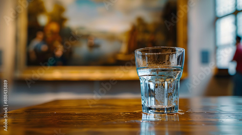 A white cup sits on a wooden table in front of a painting