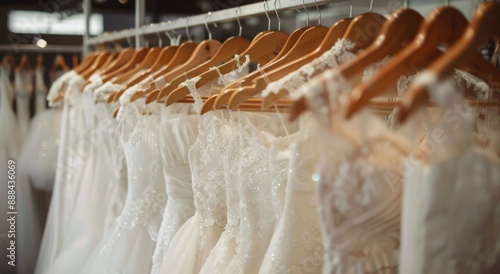 White Wedding Dresses Hanging On Wooden Hangers In A Retail Store