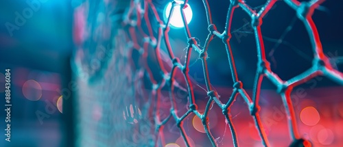 Fototapeta Naklejka Na Ścianę i Meble -  Shot of handball goal net with blurred bokeh lights in the background, illuminated in vibrant blue and red hue. Sports betting banner