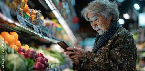 Elderly Woman Using Smartphone While Shopping for Produce in Grocery Store
