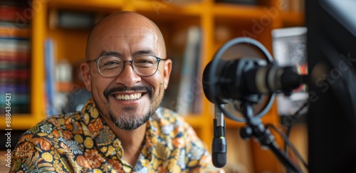 Smiling Man Recording Audio Podcast in Home Studio