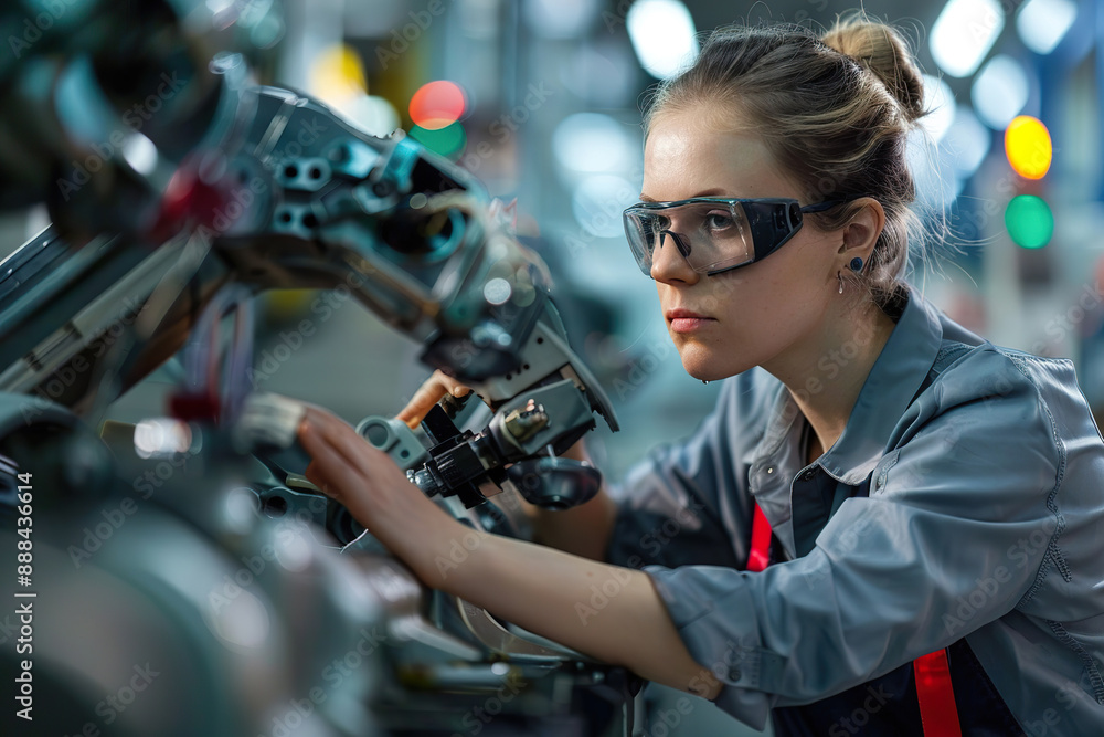 A woman in a lab coat is working on a machine, generative ai image. A woman in a lab coat is working on a machine, generative ai image.