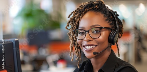 Smiling Customer Service Representative Wearing Headphones and Glasses in Office