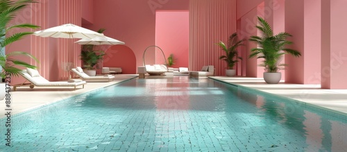 Indoor Swimming Pool With Pink Walls and Palm Trees