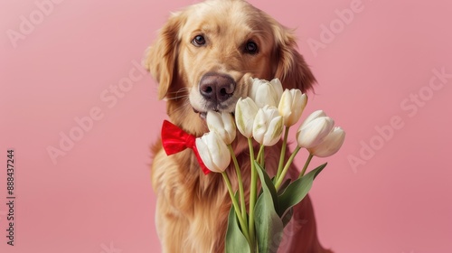 the dog with tulips  photo