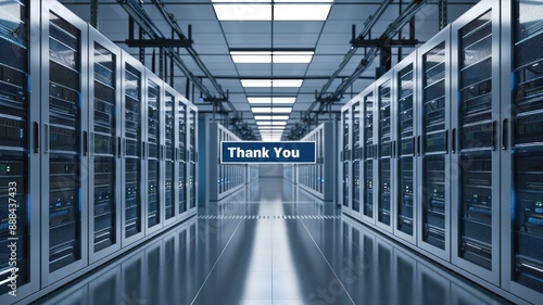 Network of server racks in data center with message display