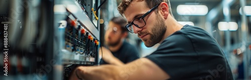 Man Working on Server Rack in Data Center