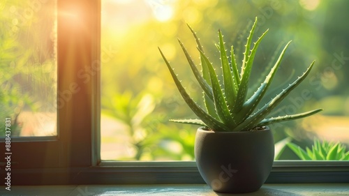 Aloe vera plant in pot by sunny window