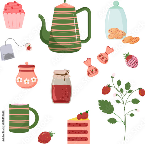 Set of illustrations with teaware and food. Teapot and cup. Fresh strawberries, jar of jam. Cookies and cupcake. Vector illustration