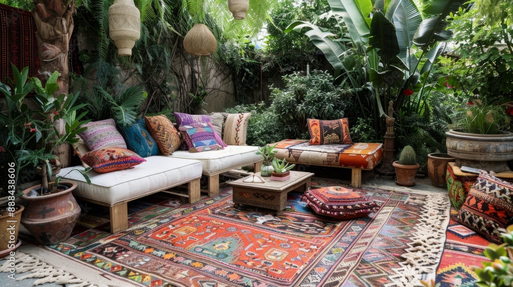 Fototapeta premium bohemian atmosphere with rugs, colorful cushions and potted plants around the sofa and table. generative ai