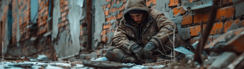 Solitude and Despair A Depressed Individual Resting Alone, Shrouded in Isolation Amidst the Ruins of a Lost World Solitude and Despair A Depressed Individual Resting Alone, Shrouded in Isolation Amidst the Ruins of a Lost World