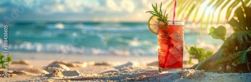 Refreshing Iced Drink on a Tropical Beach at Sunset