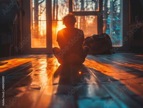 Solitude, Reflection, and the Setting Sun A Seated Figure Contemplates the End of Day, Immersed in Quiet Thought, Bathed in Golden Light, Silhouetted Against a Window, A Moment of Introspection and