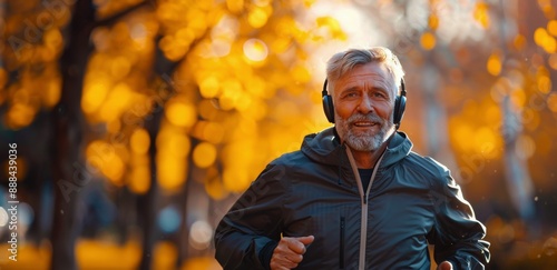 Senior Man Running Through Fall Foliage While Listening to Music