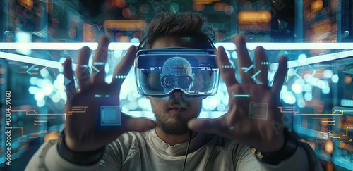 Man Wearing Virtual Reality Headset in Front of Computer Screens
