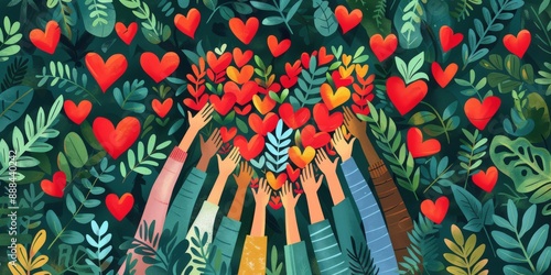 Diverse Hands Reaching Towards a Large Red Heart Amidst Lush Green Foliage