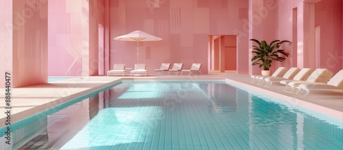 Indoor Swimming Pool With Pink Walls and Palm Trees