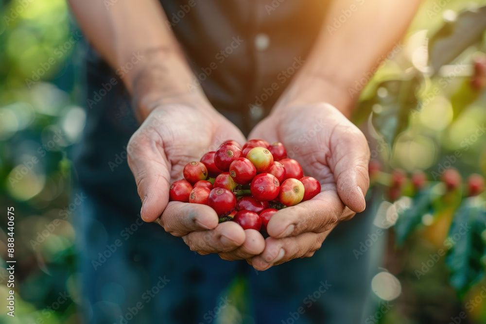 Male farmer hands holding coffee berries while harvesting beans Male farmer hands holding coffee berries while harvesting beans