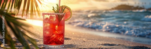Refreshing Iced Drink on a Tropical Beach at Sunset