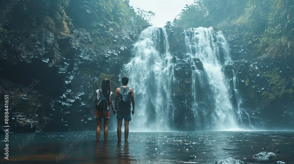 Obraz premium couple looking at the gorgeous waterfall
