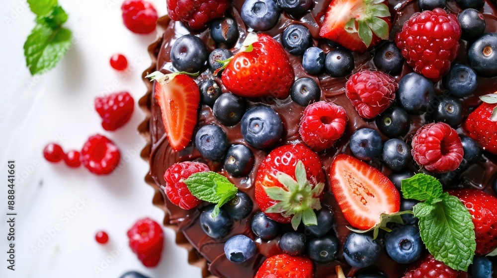 Chocolate cake topped with assorted berries and mint on a white surface viewed from above Chocolate cake topped with assorted berries and mint on a white surface viewed from above