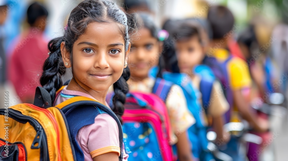 Smiling Indian Schoolgirl With Backpack Heading to School, Embracing Education in India. Smiling Indian Schoolgirl With Backpack Heading to School, Embracing Education in India.