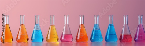 Eight Glass Flasks Filled With Colorful Liquids on a Pink Surface
