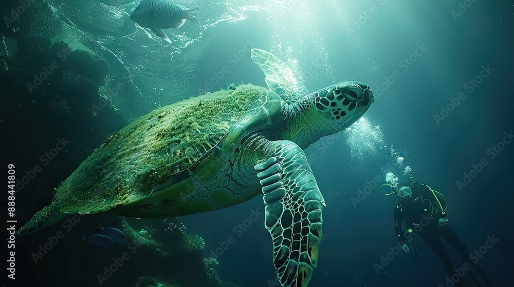Green Sea Turtle and Scuba Diver Green Sea Turtle and Scuba Diver