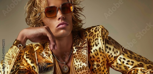 Young Man Posing in Leopard Print Jacket and Sunglasses