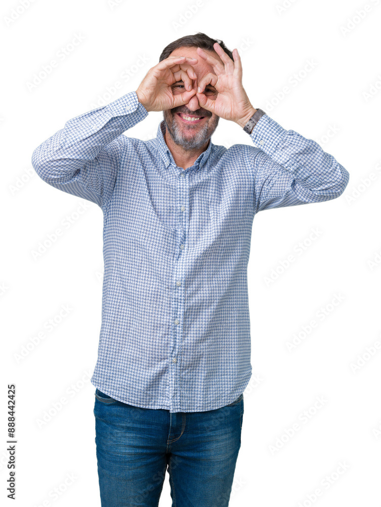 Handsome middle age elegant senior man over isolated background doing ok gesture like binoculars sticking tongue out, eyes looking through fingers. Crazy expression. Handsome middle age elegant senior man over isolated background doing ok gesture like binoculars sticking tongue out, eyes looking through fingers. Crazy expression.