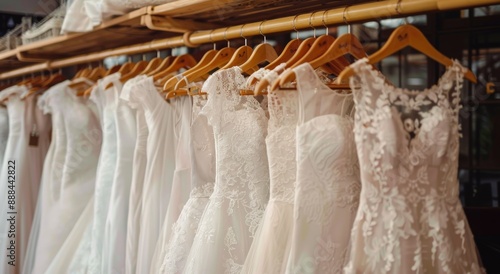 White Wedding Dresses Hanging On Wooden Hangers In A Retail Store