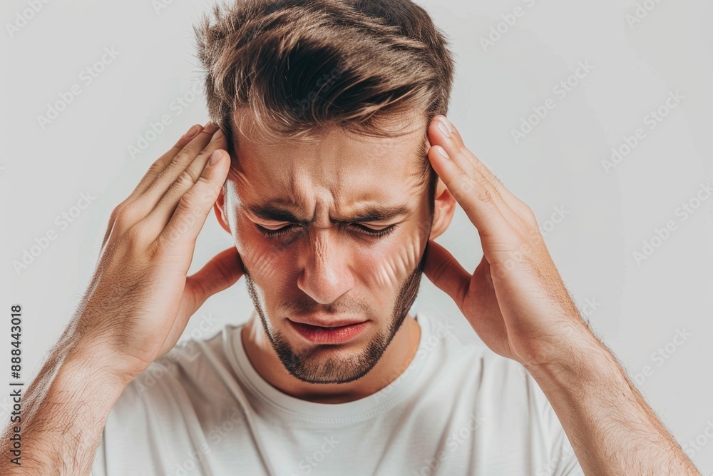 Man with intense headache clutches his head in pain and frustration Man with intense headache clutches his head in pain and frustration