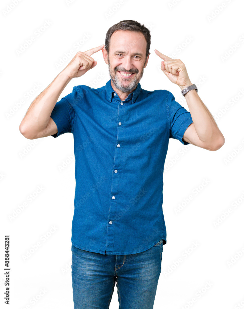 Handsome middle age elegant senior man over isolated background Smiling pointing to head with both hands finger, great idea or thought, good memory Handsome middle age elegant senior man over isolated background Smiling pointing to head with both hands finger, great idea or thought, good memory