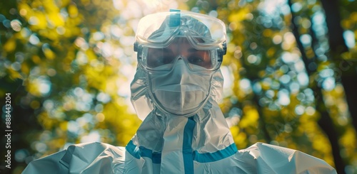 Person Wearing Protective Gear Stands in a Sunny Forest