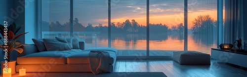 Modern Living Room With Large Windows Offering Sunset View Over Water