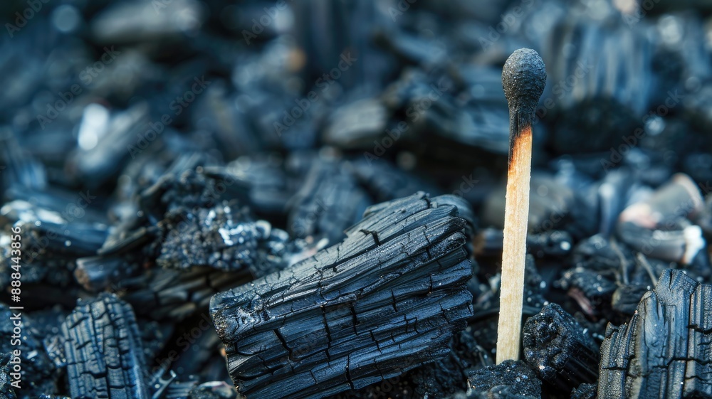 Burned matchstick amidst charred wood and ashes Burned matchstick amidst charred wood and ashes