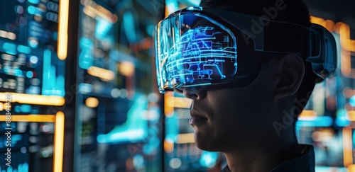 Man Wearing Virtual Reality Headset in Front of Computer Screens