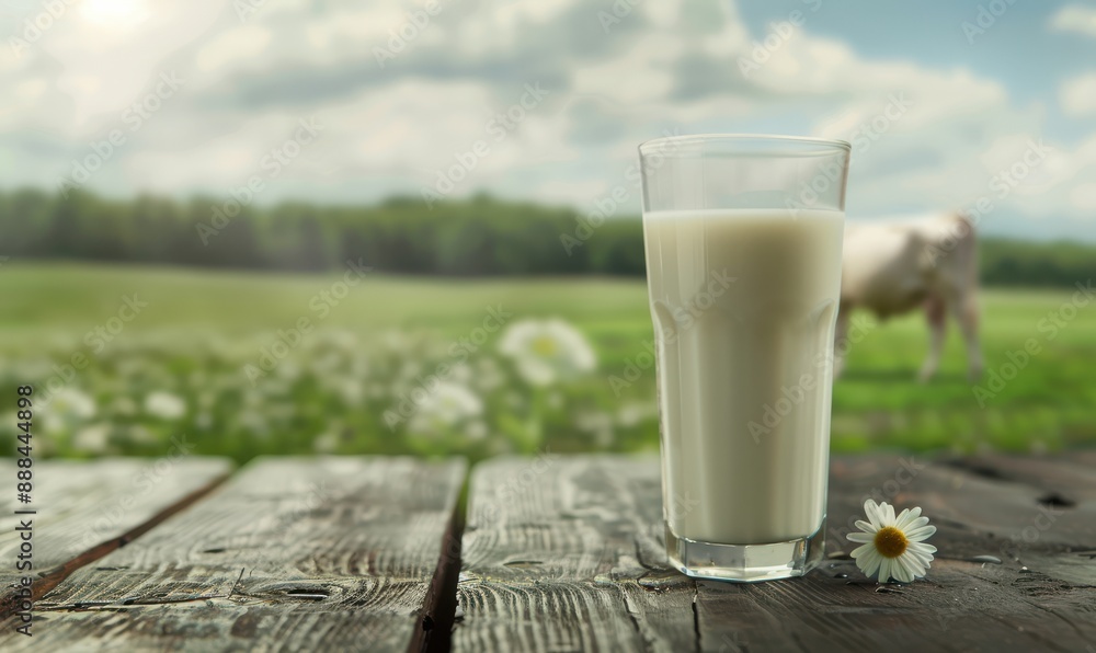 A glass of milk is on a wooden table in front of a cow. Free copy space for banner. A glass of milk is on a wooden table in front of a cow. Free copy space for banner.