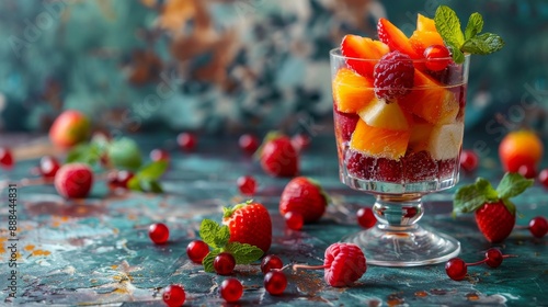 Fresh fruits and sweets in glass. Delicious concept. .  photo