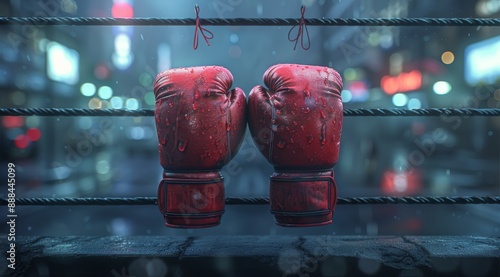 Red Boxing Gloves Hanging Over The Ring Ropes